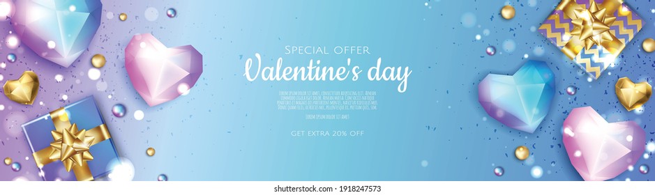 Happy Valentine s Day Romantic creative banner, horizontal header for website. Background Realistic 3d heart, gift box.