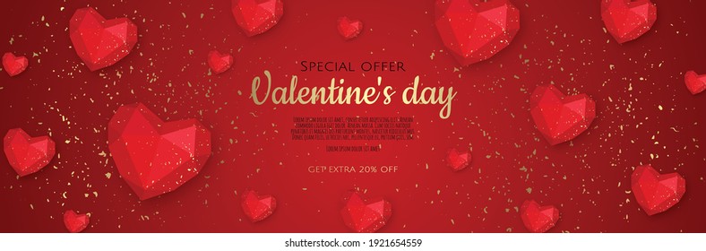 Happy Valentine s Day Romantic creative banner, horizontal header for website. Background Realistic 3d heart.