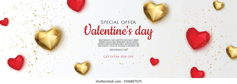 Happy Valentine s Day Romantic creative banner, horizontal header for website. Background Realistic 3d heart.