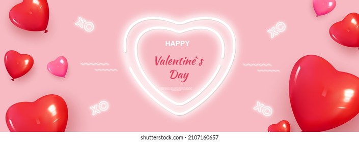 Happy Valentine S Day Romantic Creative Banner, Horizontal Header For Website. Background Realistic 3d Festive Decorative Balloons In The Shape Of Heart, XO Symbol, Flowers. Vector Illustration