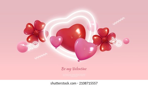 Happy Valentine s Day. Romantic composition. Realistic 3d festive decorative items, heart shaped balloons. Vector illustration.