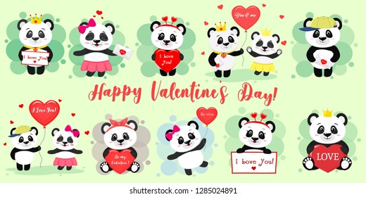 Happy Valentine s Day. Set of six characters cute pandas in various poses and accessories in a cartoon style. With a red heart, balloon, letter. Flat design vector.