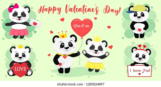 Happy Valentine s Day. Set of six characters cute pandas in various poses and accessories in a cartoon style. With a red heart, balloon, letter. Flat design vector.