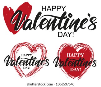 happy Valentine s day text on the background of the heart on white background. , Valentine s day, greeting card hand drawn vector illustration sketch. Calligraphy lettering