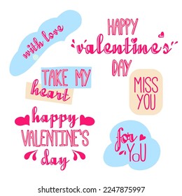 Feliz texto vectorial del Día de San Valentín. Texto con letras a mano aislado en fondo blanco. Conjunto de inscripciones vectoriales. Feliz Día de San Valentín diseño vectorial de tipografía para tarjetas de felicitación y afiches, banner.
