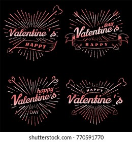 Happy Valentine s Day vector vintage illustration. Set of signs with sun beams and arrows. Stamps label with sun rays. Valentine s Day ornament. Bursting heart shape. Romantic decoration element.