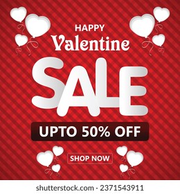 Happy Valentine Sale - upto 50% off - shop now - red background - white heart