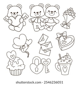 Happy Valentine teddy bear and element outline, Doodle illustrations of Valentine's day, Set of art line drawing, Doodle style, Cartoon doodle hand drawn pattern, Line art vector illustration.
