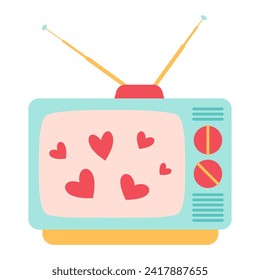 Feliz San Valentín. Película romántica en televisión. Los corazones en la pantalla del televisor. Ilustración vectorial plana de moda. Ilustración del vector