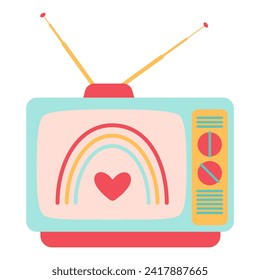 Happy Valentine tv. Romantic movie on TV. The heart and rainbow on the TV screen. LGBTQ. Trendy flat vector illustration. Vector illustration