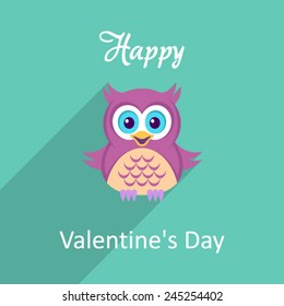 Happy valentine vector card with owl long shadow