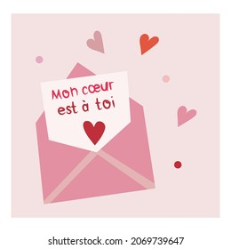 Happy Valentine vector illustration with French lettering. Vector design for web, print, stickers, template, etc. 