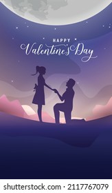 happy Valentine. vector illustration of a romantic couple expressing love for each other. in the background of a magnificent natural scenery illuminated by the moonlight