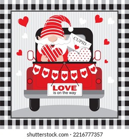 Happy valentine or wedding card with cute gnome and hearts on the car