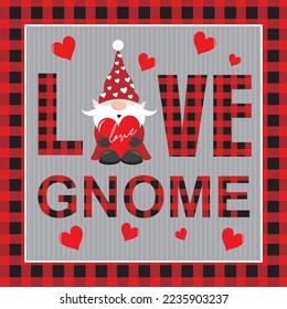 Happy valentine or wedding card with cute gnome and buffalo plaid