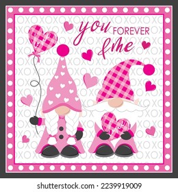 Happy valentine or wedding card day with cute gnomes and hearts