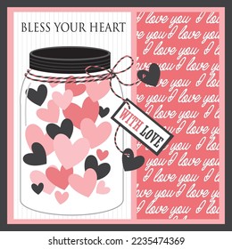 Happy valentine or wedding card with jar of love and heart shape