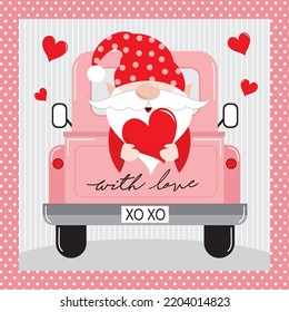 Happy valentine or wedding card with love gnome on the car