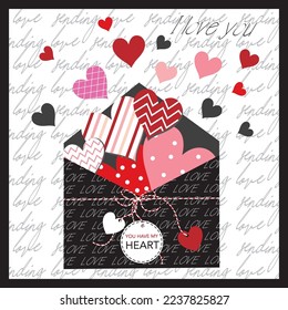 Happy valentine or wedding day card with envelope and hearts