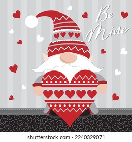 Happy valentine or wedding day card with cute gnome and hearts