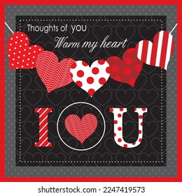 Happy valentine or wedding day card with hanging hearts