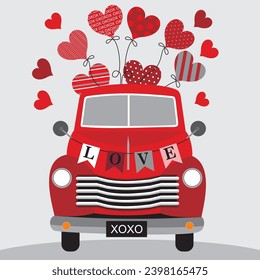 Feliz día de San Valentín o boda con camioneta roja y corazones