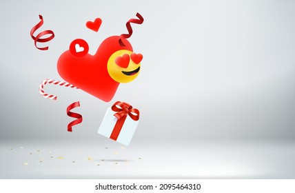 Happy Valentinea day card with holiday accessories. Levitation effect. 3d vector banner with copy space
