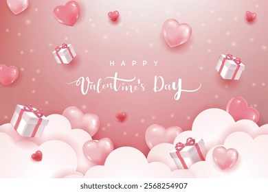 Happy Valentine's banner with heart balloon and gift box