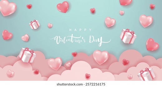 Happy Valentine's banner with heart balloon and gift box	