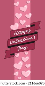 Happy Valentines Banner For Instagram Story. Purple And Pink Themed Greeting Card For Valentine With Heart And Love