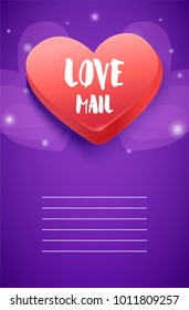 Happy Valentines card with big red heart and text field on violet background. Vector.