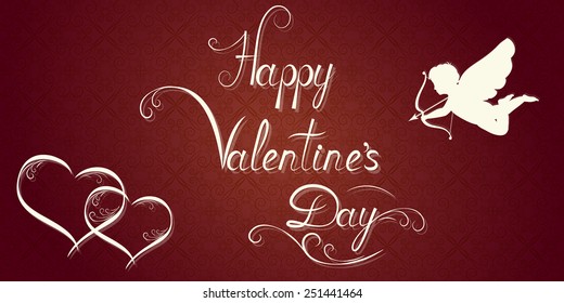 Happy Valentine's Card, Calligraphic Lettering, Silhouette Of Cupid And Vintage Hearts On Retro Brown Background, Vector Illustration
