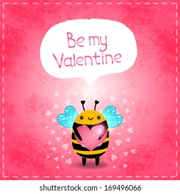 Happy Valentines card. Cute cartoon bee with heart.