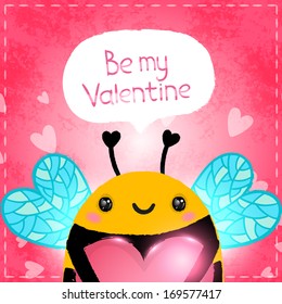 Happy Valentines card. Cute cartoon bee with heart.