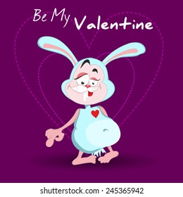 Happy Valentines card. Cute cartoon bunny  with heart. Be My Valentine
