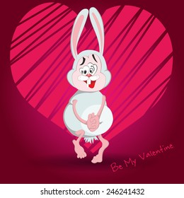 Happy Valentines card. Cute cartoon bunny  with heart. Be My Valentine