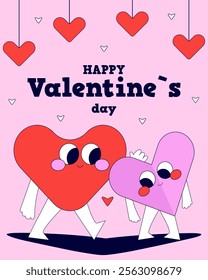 Happy Valentine`s card with cute heart couple. Flat illustration.