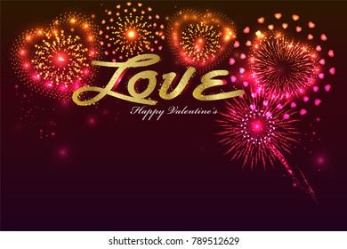 Happy Valentines card, fireworks and golden love text with space for text. illustration vector.