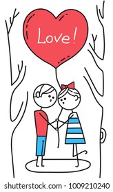 Happy Valentines Card. Guy and girl kiss in park. Lovers holding red heart shaped balloon with inscription Love.