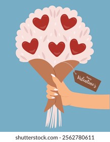 Happy Valentine's Card with Hand Holding a Love Bouquet