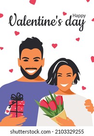 Happy Valentine's card. A man gives a bouquet of pink tulips, a woman handed a surprise in a box. Festive modern romantic vertical poster. Design in a flat style on a white background. Vector.