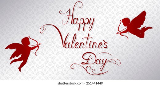 happy valentine's card, red calligraphic lettering and silhouette of cupid on retro silver background, vector illustration