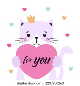 happy valentines cat card, cute cat in crown holding heart with lettering for you, greeting card or poster for any holiday