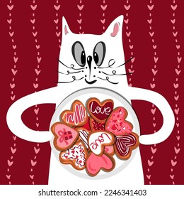Happy valentines cat card. Cute cats with hearts cookies. Romantic Valentines Day greeting card or poster. 14 February. Love and sympathy day