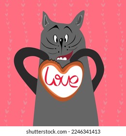 Happy valentines cat card. Cute cats with hearts cookies. Romantic Valentines Day greeting card or poster. 14 February. Love and sympathy day