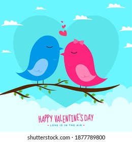 Happy Valentine's Celebration Concept with Blue and Pink Birds Couple Sit on Tree Branch with Blue Clouds Background.