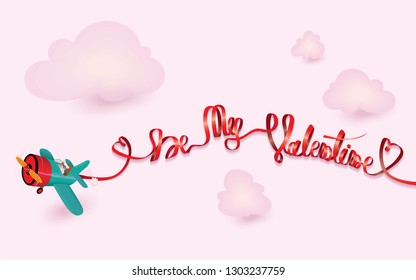 Happy Valentine's concept - paper text of ribbon hang with a turquoise plane flying in the pink sky