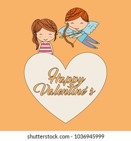 happy valentines cupid and girl together on big heart love