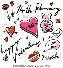 Happy Valentines cute and colourful Illustrations and clip art. featuring hearts, roses, lips. with lettering and line art