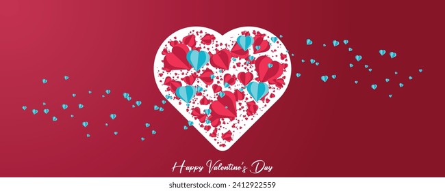 Happy Valentine's Daly banner concept. Romantic love holiday design with red, pink and blue flying origami hearts. Horizontal greeting poster, flyer, card, header for website.